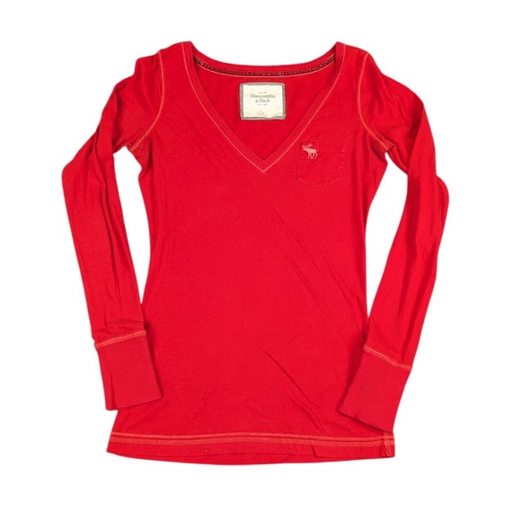 Abercrombie & Fitch Tops - Abercrombie & Fitch Womens Y2K Babydoll V-Neck Long Sleeve Top Red Moose Logo M